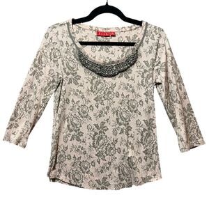 ELLE Floral Print Top with‎ Beaded Neckline Gray Pink Long Sleeve Blouse Size S